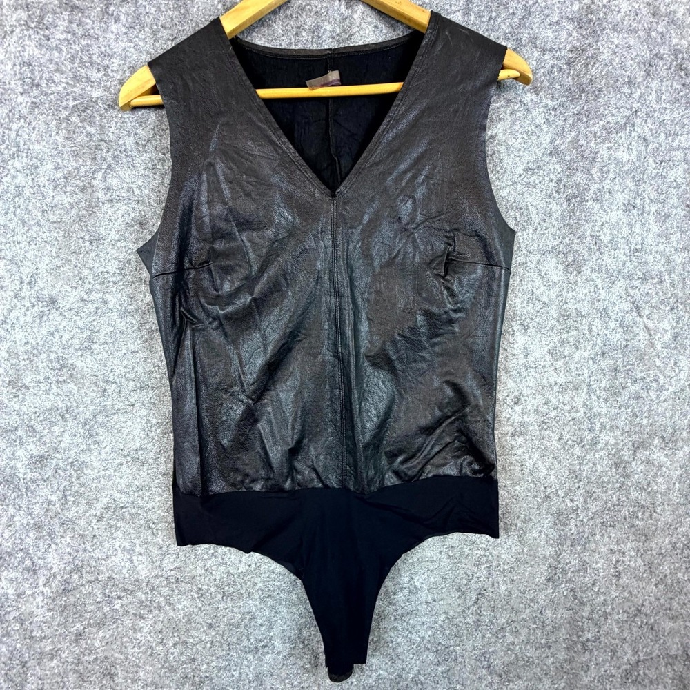 Commando Faux Leather Bodysuit Womens Large Black Four way Stretch V-Neck Rocker